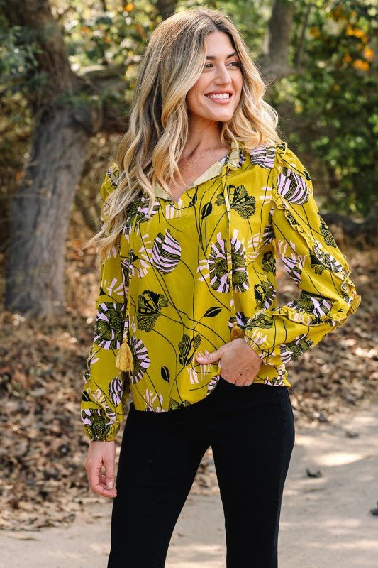 Floral V - Neck Ruffle Trim Long Sleeve Blouse - Blu Lotus Boutique