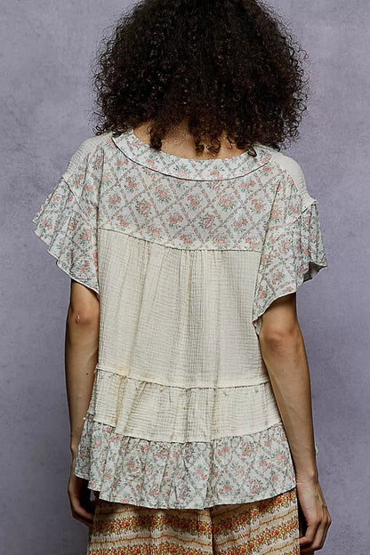 Floral V - Neck Short Sleeve Ruffled Double Gauze Blouse with Embroidery Detail - Blu Lotus Boutique