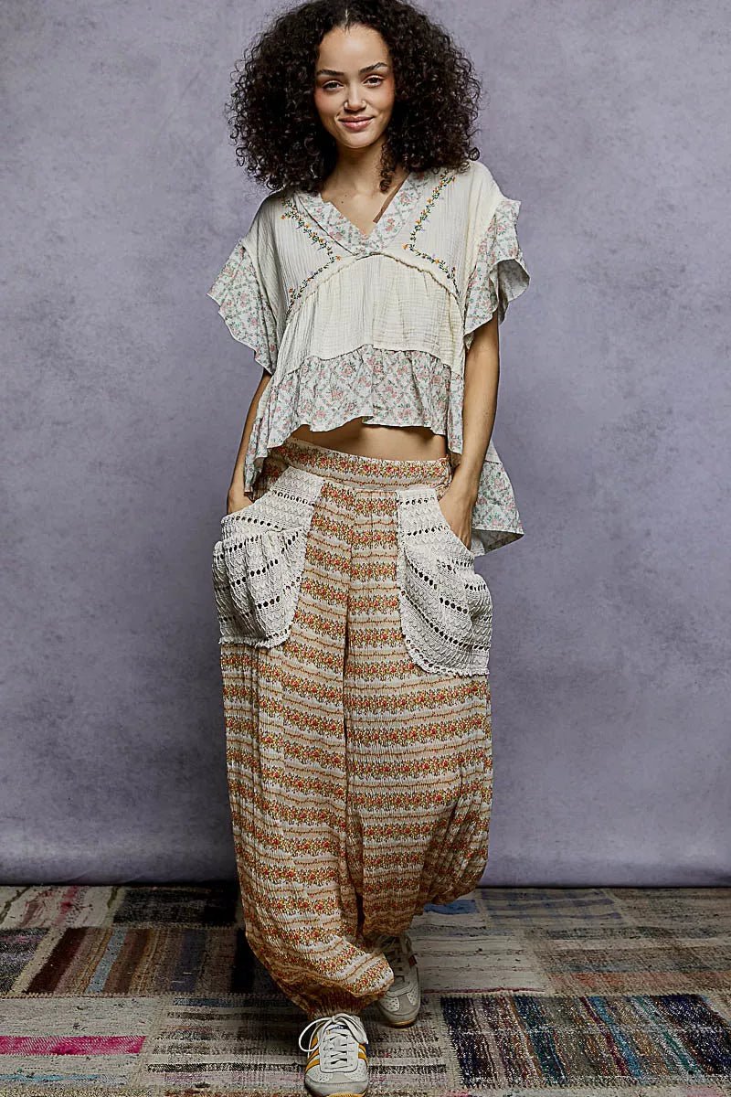 Floral V - Neck Short Sleeve Ruffled Double Gauze Blouse with Embroidery Detail - Blu Lotus Boutique