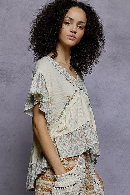 Floral V - Neck Short Sleeve Ruffled Double Gauze Blouse with Embroidery Detail - Blu Lotus Boutique