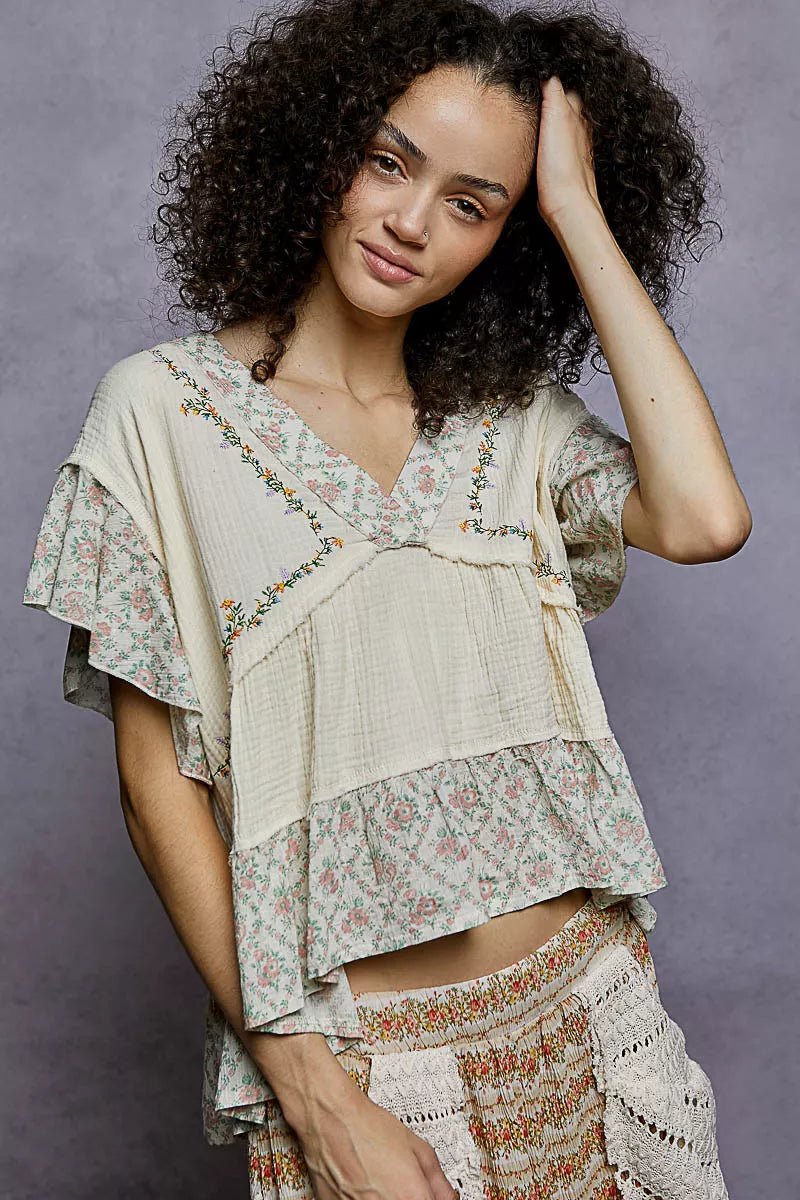 Floral V - Neck Short Sleeve Ruffled Double Gauze Blouse with Embroidery Detail - Blu Lotus Boutique