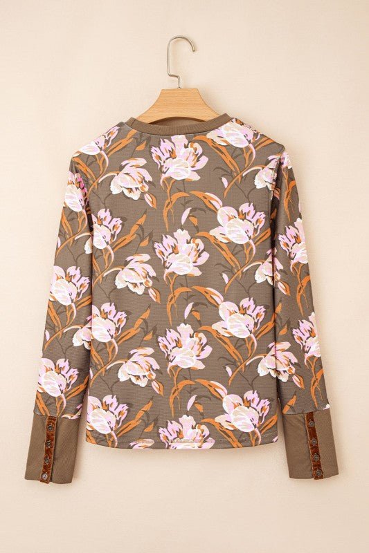 Floral Waffle Textured Long Sleeve Top - Blu Lotus Boutique