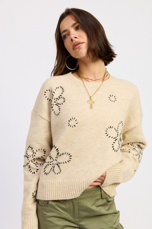 FLORAL WHIPSTITCH SWEATER - Blu Lotus Boutique