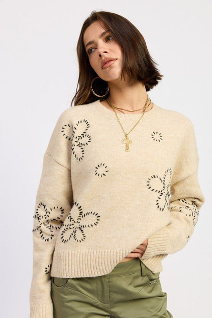 FLORAL WHIPSTITCH SWEATER - Blu Lotus Boutique