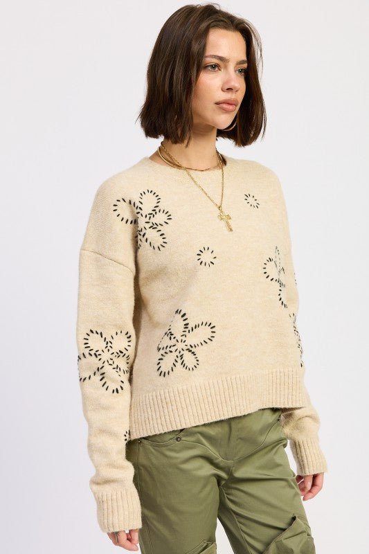 FLORAL WHIPSTITCH SWEATER - Blu Lotus Boutique