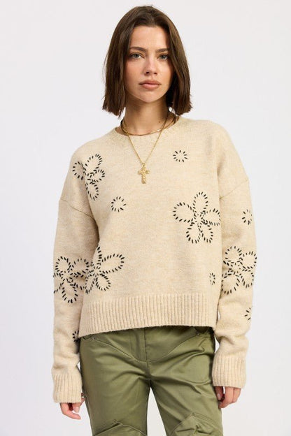 FLORAL WHIPSTITCH SWEATER - Blu Lotus Boutique