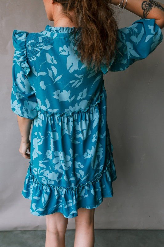 Flower 3/4 Sleeve Ruffle Tiered Dress - Blu Lotus Boutique