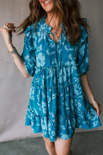 Flower 3/4 Sleeve Ruffle Tiered Dress - Blu Lotus Boutique