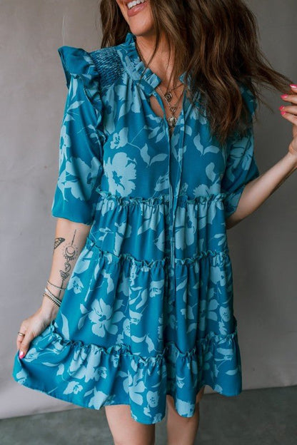 Flower 3/4 Sleeve Ruffle Tiered Dress - Blu Lotus Boutique