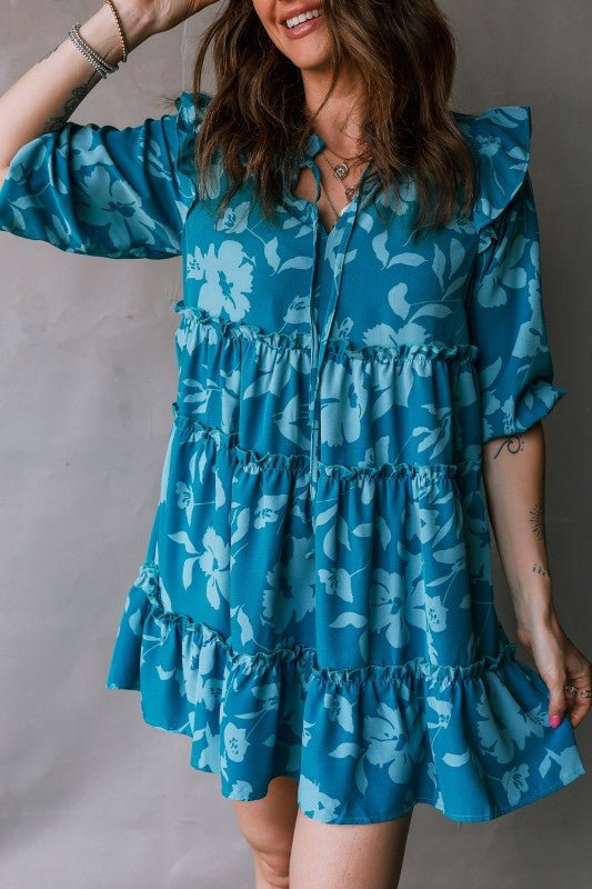 Flower 3/4 Sleeve Ruffle Tiered Dress - Blu Lotus Boutique
