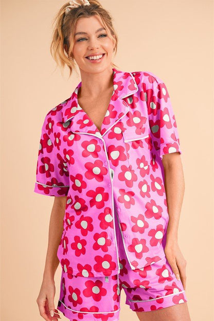 Flower Short Sleeve Shirt Pajamas Set - Blu Lotus Boutique