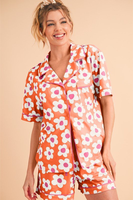 Flower Short Sleeve Shirt Pajamas Set - Blu Lotus Boutique