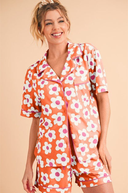 Flower Short Sleeve Shirt Pajamas Set - Blu Lotus Boutique