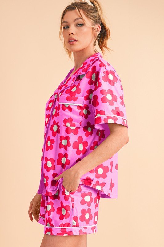 Flower Short Sleeve Shirt Pajamas Set - Blu Lotus Boutique