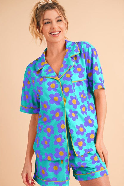 Flower Short Sleeve Shirt Pajamas Set - Blu Lotus Boutique
