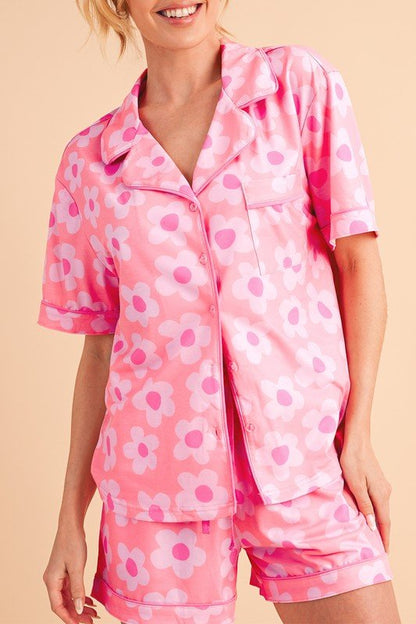 Flower Short Sleeve Shirt Pajamas Set - Blu Lotus Boutique