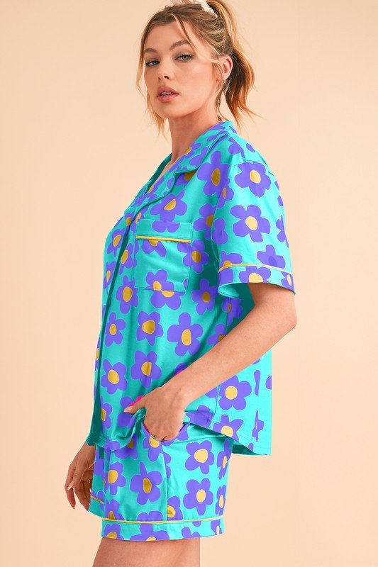 Flower Short Sleeve Shirt Pajamas Set - Blu Lotus Boutique