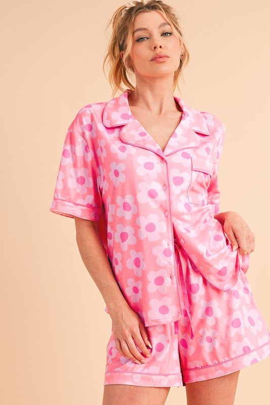 Flower Short Sleeve Shirt Pajamas Set - Blu Lotus Boutique