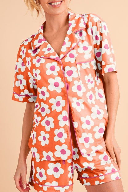 Flower Short Sleeve Shirt Pajamas Set - Blu Lotus Boutique
