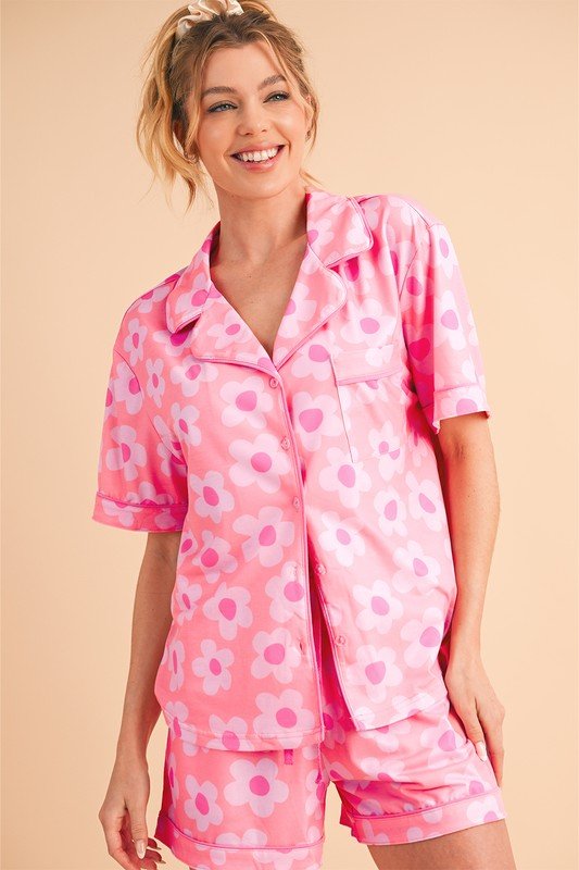 Flower Short Sleeve Shirt Pajamas Set - Blu Lotus Boutique