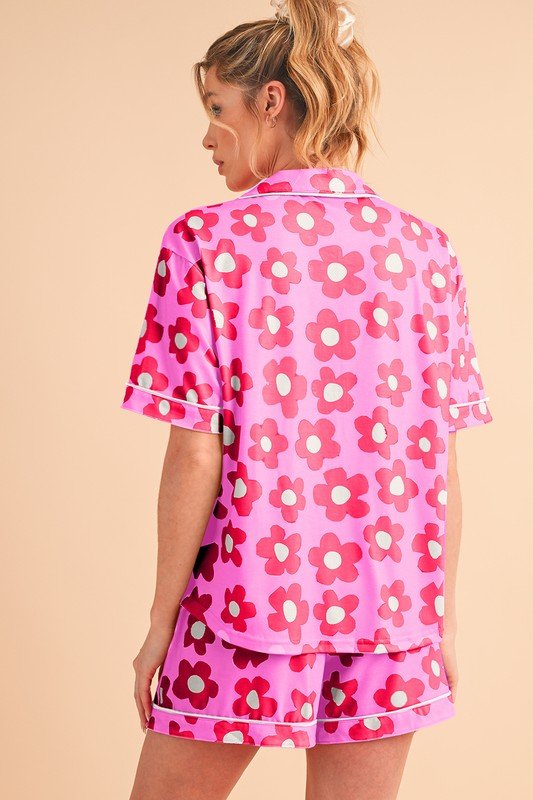 Flower Short Sleeve Shirt Pajamas Set - Blu Lotus Boutique