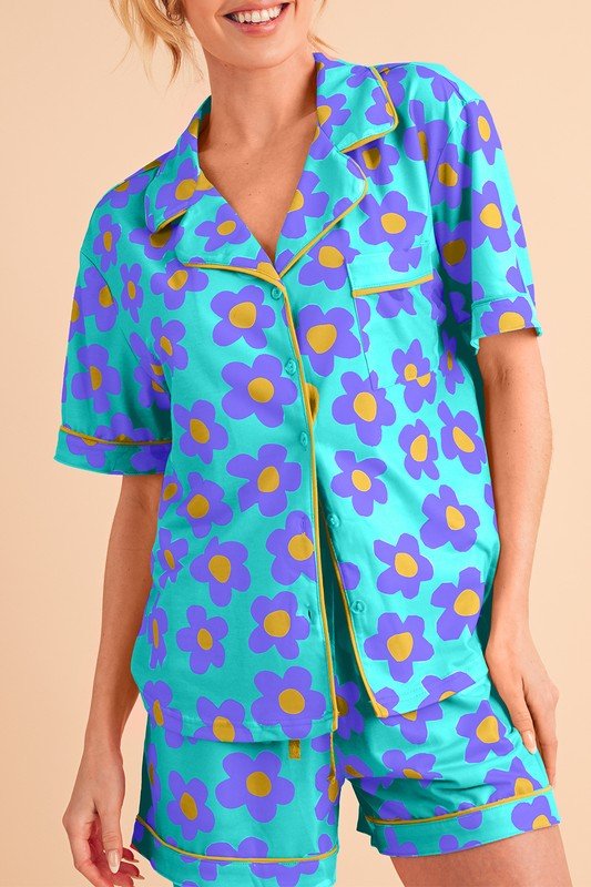 Flower Short Sleeve Shirt Pajamas Set - Blu Lotus Boutique