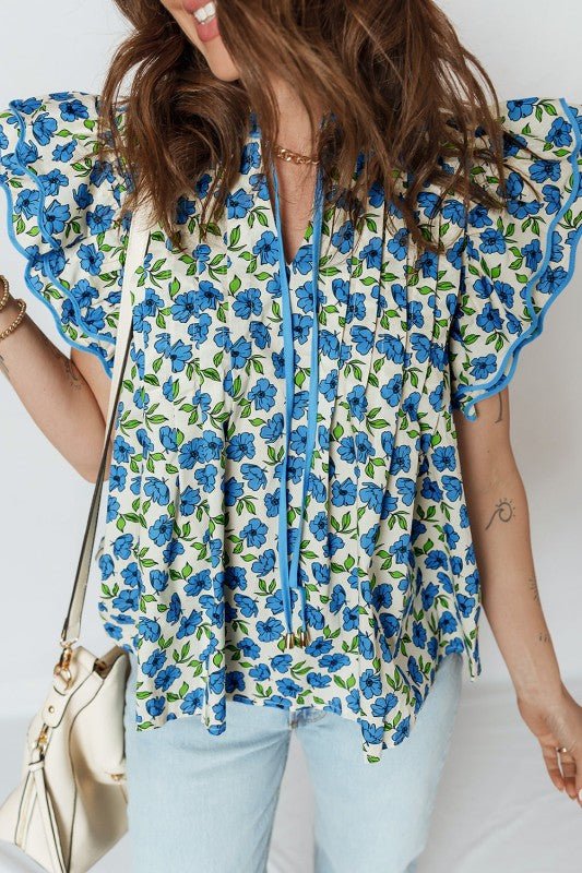 Flower Tiered Flutter Sleeve Pleated Blouse - Blu Lotus Boutique
