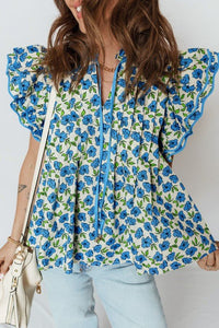 Flower Tiered Flutter Sleeve Pleated Blouse - Blu Lotus Boutique