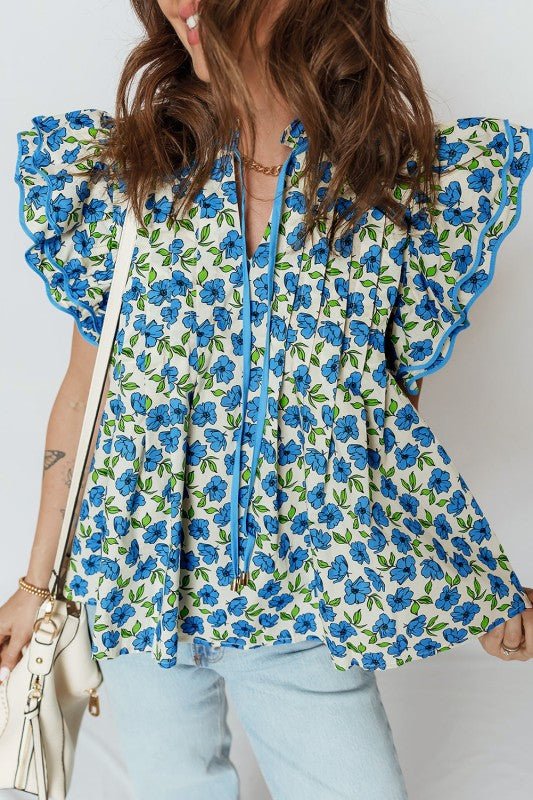 Flower Tiered Flutter Sleeve Pleated Blouse - Blu Lotus Boutique