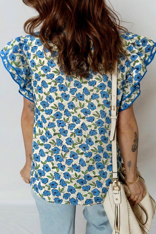 Flower Tiered Flutter Sleeve Pleated Blouse - Blu Lotus Boutique