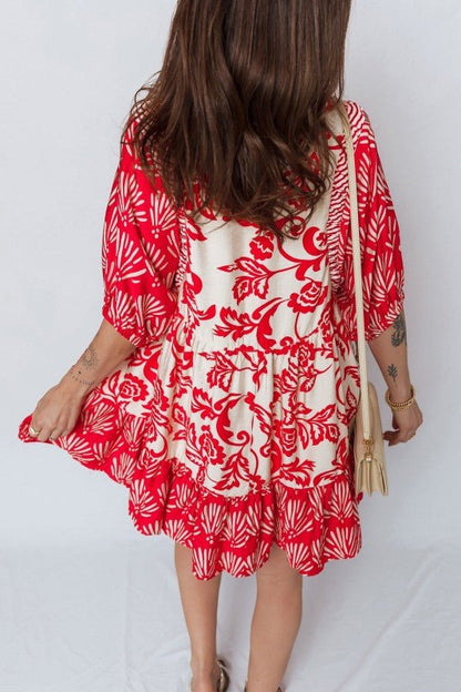 Flower V - Neck 3/4 Sleeve Collar Mini Dress - Blu Lotus Boutique