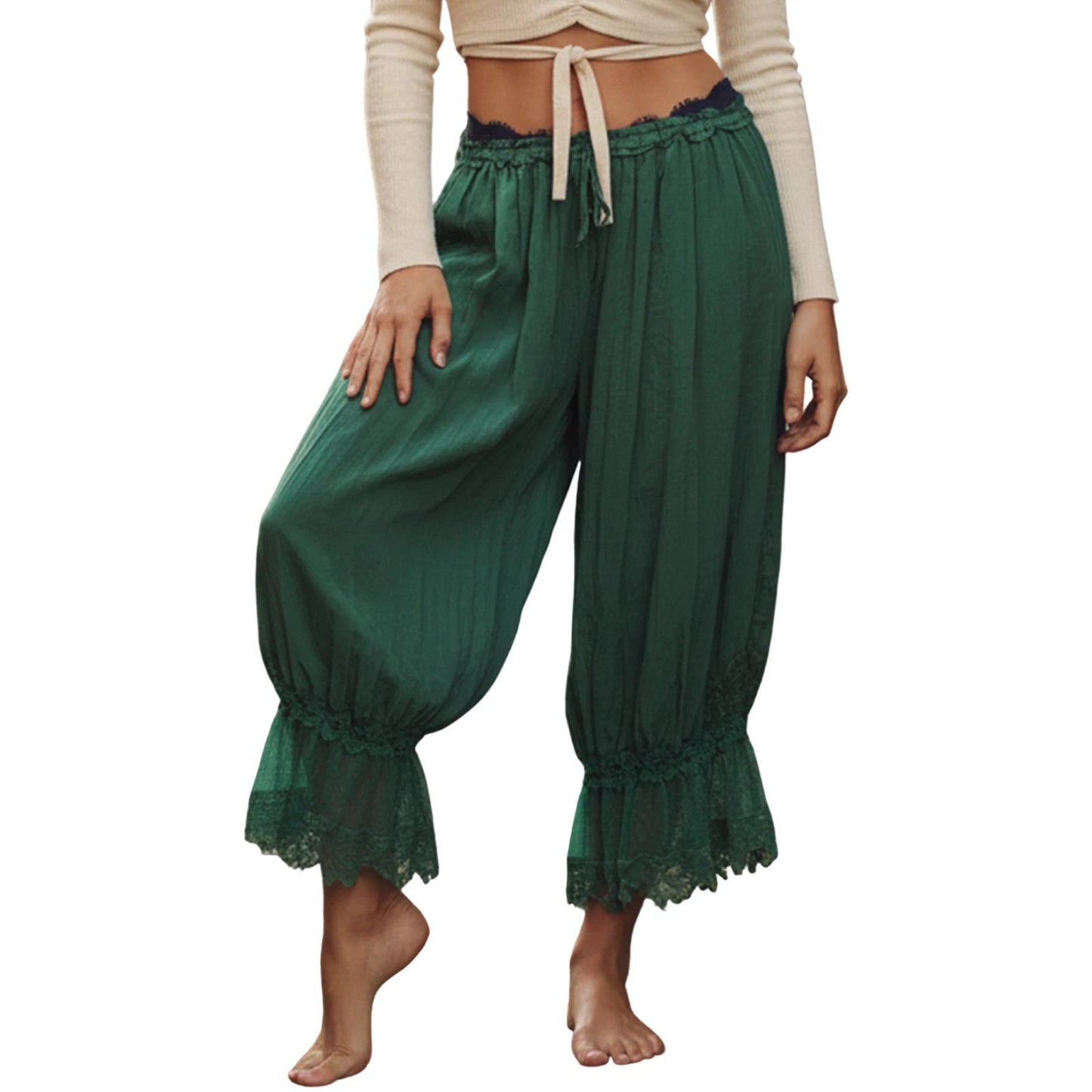 Flowy Wide Leg Pants with Drawstring Waist and Crochet Lace Trim - Blu Lotus Boutique