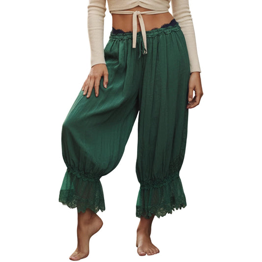 Flowy Wide Leg Pants with Drawstring Waist and Crochet Lace Trim - Blu Lotus Boutique