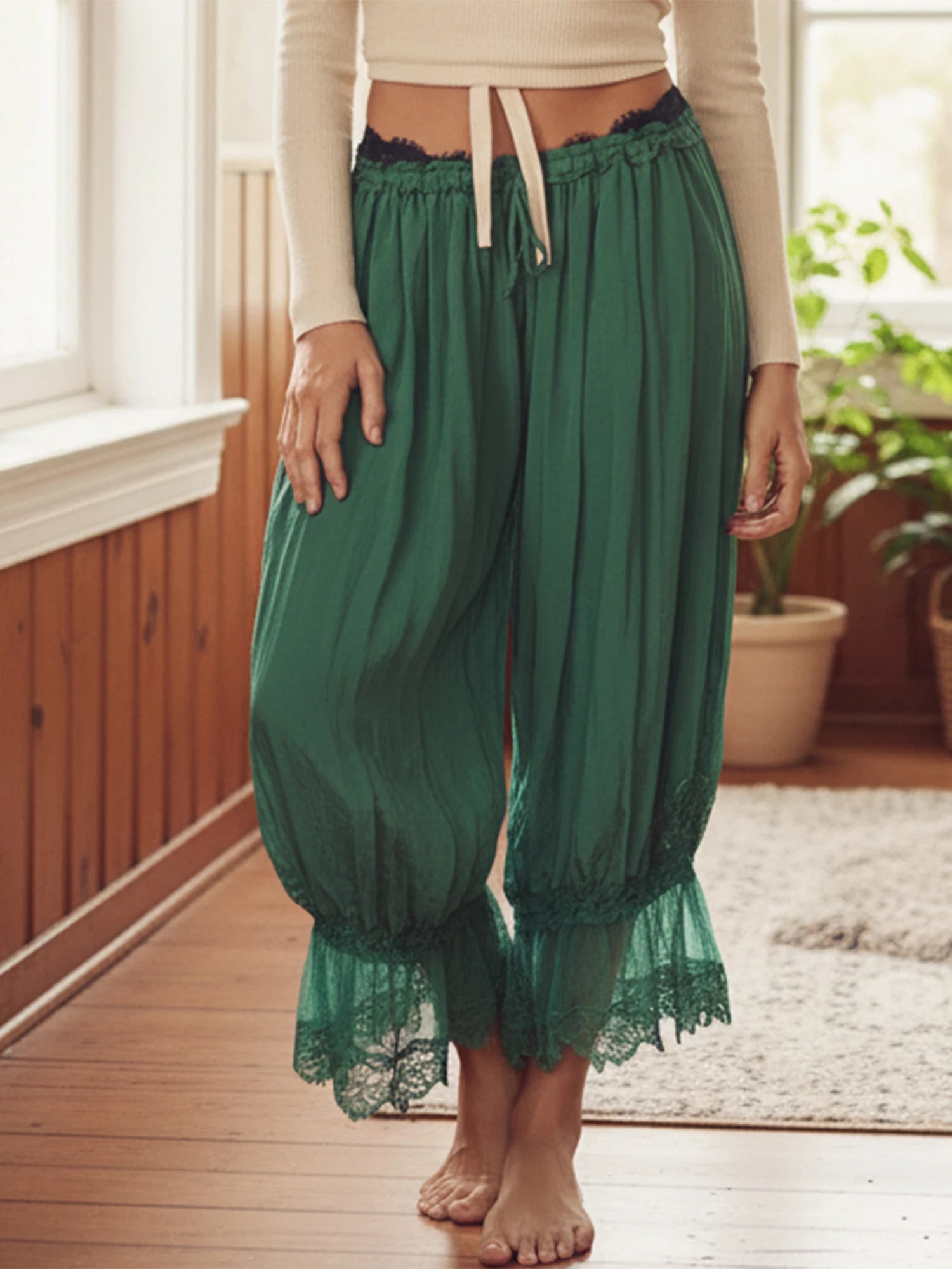 Flowy Wide Leg Pants with Drawstring Waist and Crochet Lace Trim - Blu Lotus Boutique