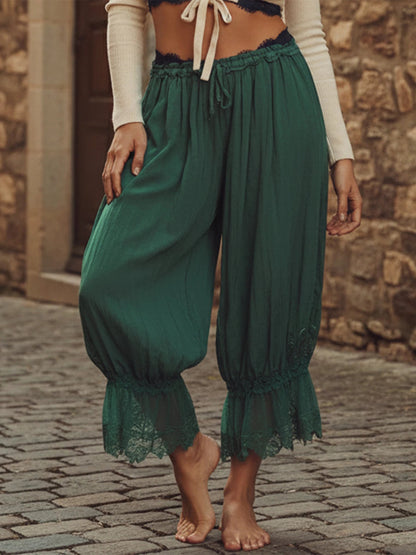 Flowy Wide Leg Pants with Drawstring Waist and Crochet Lace Trim - Blu Lotus Boutique