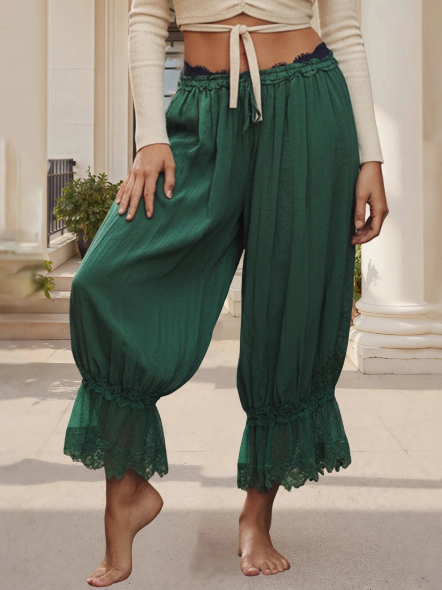 Flowy Wide Leg Pants with Drawstring Waist and Crochet Lace Trim - Blu Lotus Boutique