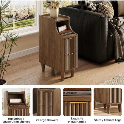 Fluted Nightstands Set of 2,Narrow Bedside Table with 2 Drawers & Storage, Farmhouse Walnut End Table Modern Side Table - Blu Lotus Boutique