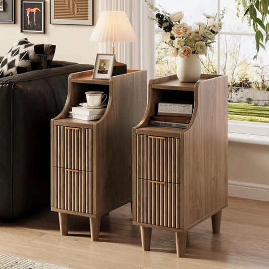 Fluted Nightstands Set of 2,Narrow Bedside Table with 2 Drawers & Storage, Farmhouse Walnut End Table Modern Side Table - Blu Lotus Boutique