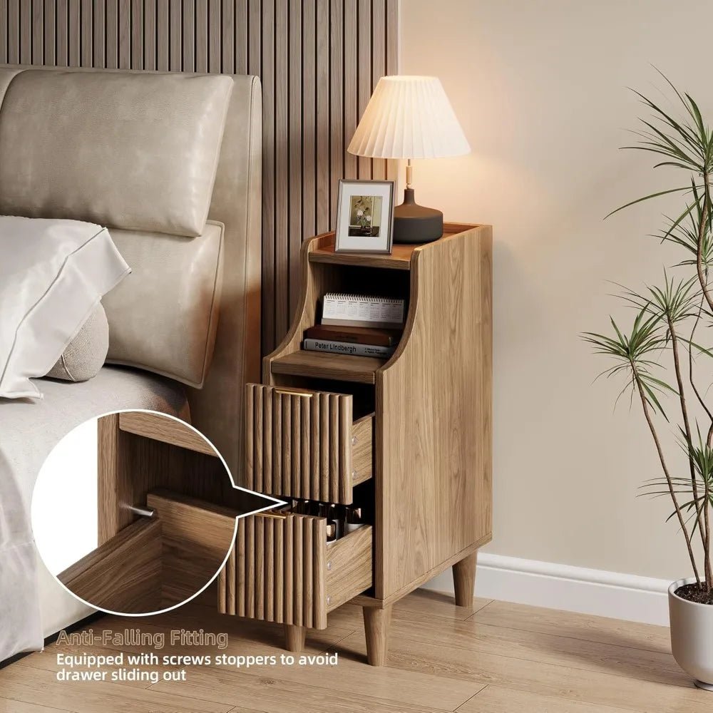 Fluted Nightstands Set of 2,Narrow Bedside Table with 2 Drawers & Storage, Farmhouse Walnut End Table Modern Side Table - Blu Lotus Boutique