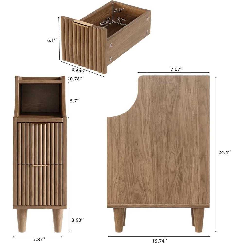 Fluted Nightstands Set of 2,Narrow Bedside Table with 2 Drawers & Storage, Farmhouse Walnut End Table Modern Side Table - Blu Lotus Boutique