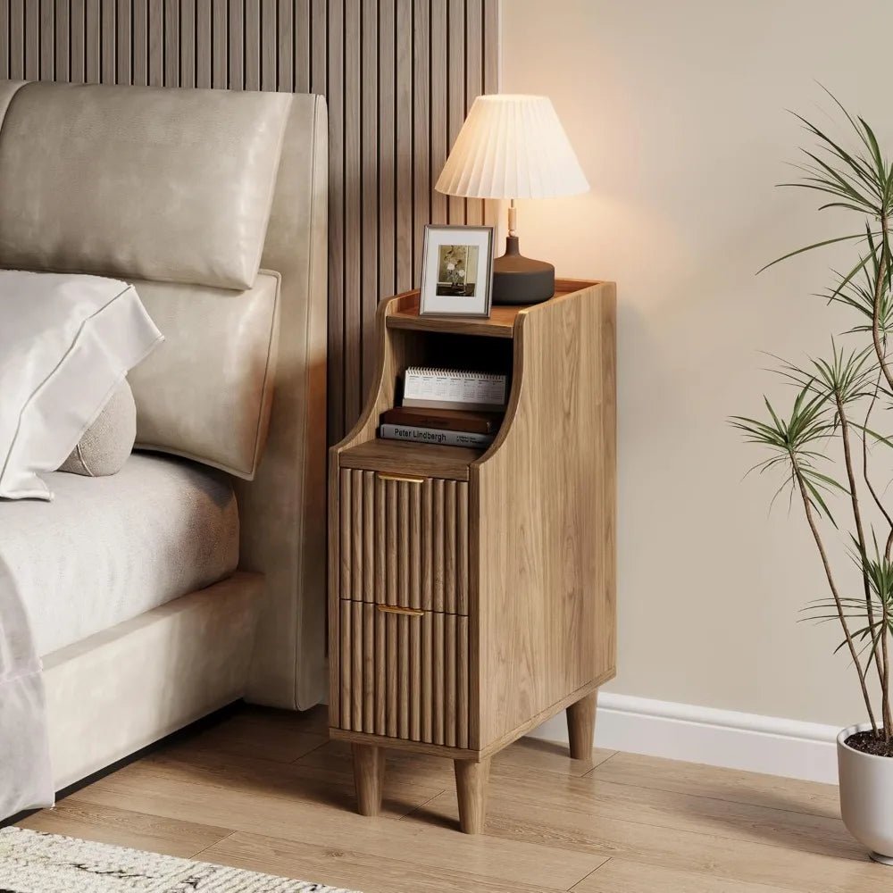 Fluted Nightstands Set of 2,Narrow Bedside Table with 2 Drawers & Storage, Farmhouse Walnut End Table Modern Side Table - Blu Lotus Boutique