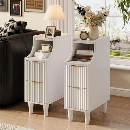 Fluted Nightstands Set of 2,Narrow Bedside Table with 2 Drawers & Storage, Farmhouse Walnut End Table Modern Side Table - Blu Lotus Boutique