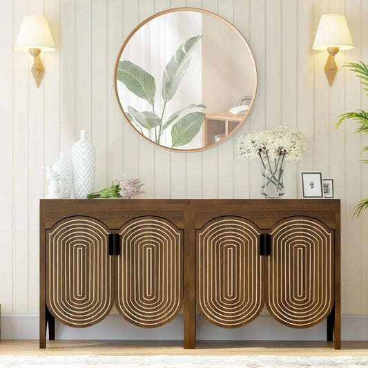 Fluted Sideboard Cabinet with Storage,4 Doors Buffet Cabinet with Adjustable Shelves,Accent Storage Cabinet with Carved Arc Door - Blu Lotus Boutique