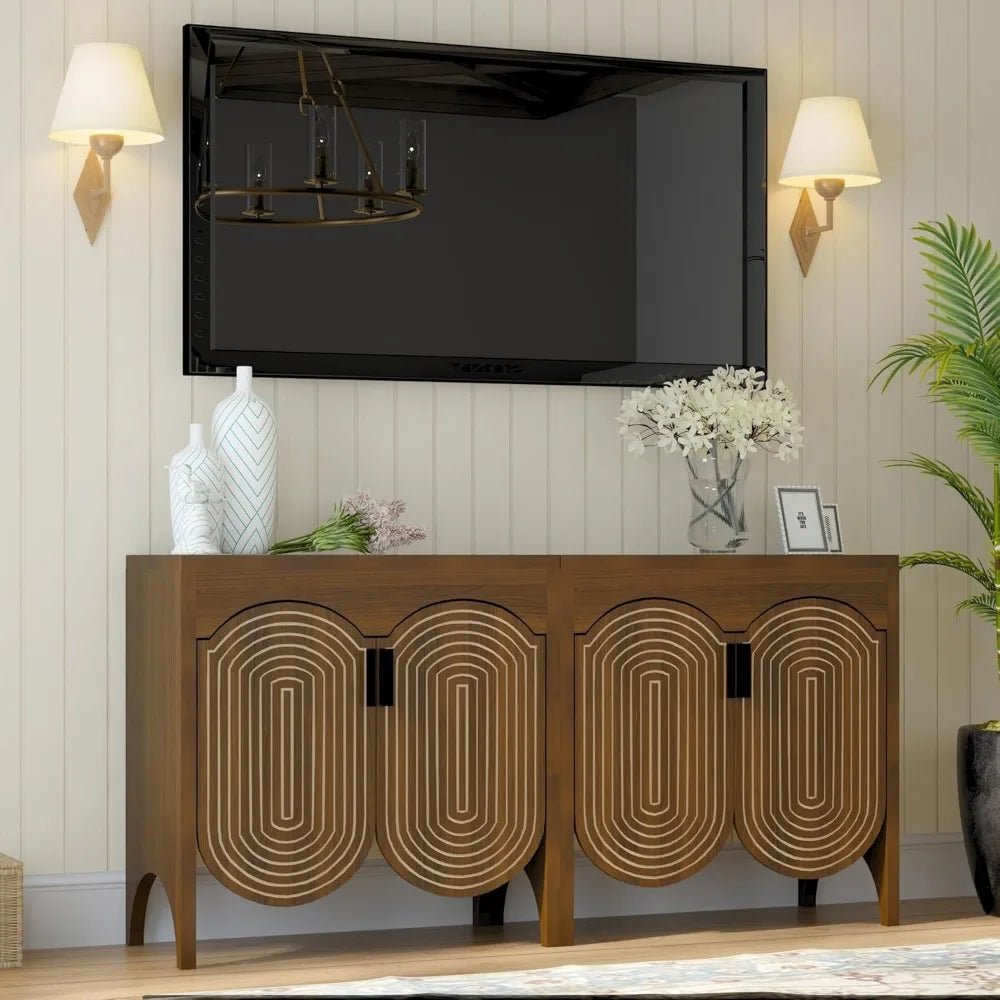 Fluted Sideboard Cabinet with Storage,4 Doors Buffet Cabinet with Adjustable Shelves,Accent Storage Cabinet with Carved Arc Door - Blu Lotus Boutique