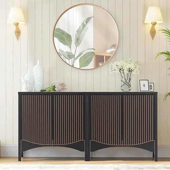 Fluted Sideboard Cabinet with Storage,4 Doors Buffet Cabinet with Adjustable Shelves,Accent Storage Cabinet with Carved Arc Door - Blu Lotus Boutique