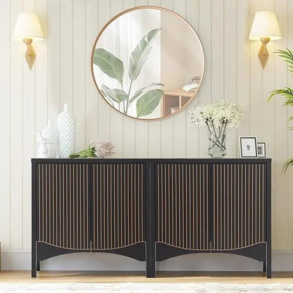 Fluted Sideboard Cabinet with Storage,4 Doors Buffet Cabinet with Adjustable Shelves,Accent Storage Cabinet with Carved Arc Door - Blu Lotus Boutique
