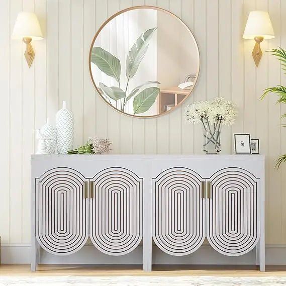 Fluted Sideboard Cabinet with Storage,4 Doors Buffet Cabinet with Adjustable Shelves,Accent Storage Cabinet with Carved Arc Door - Blu Lotus Boutique
