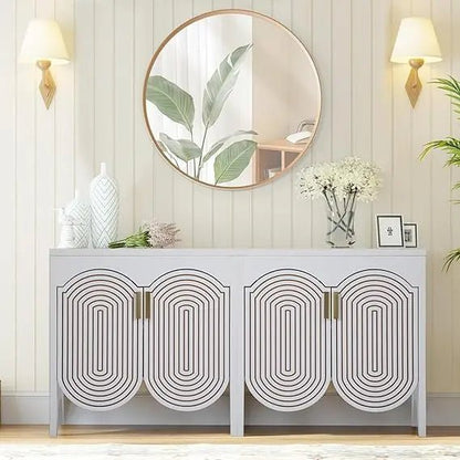 Fluted Sideboard Cabinet with Storage,4 Doors Buffet Cabinet with Adjustable Shelves,Accent Storage Cabinet with Carved Arc Door - Blu Lotus Boutique
