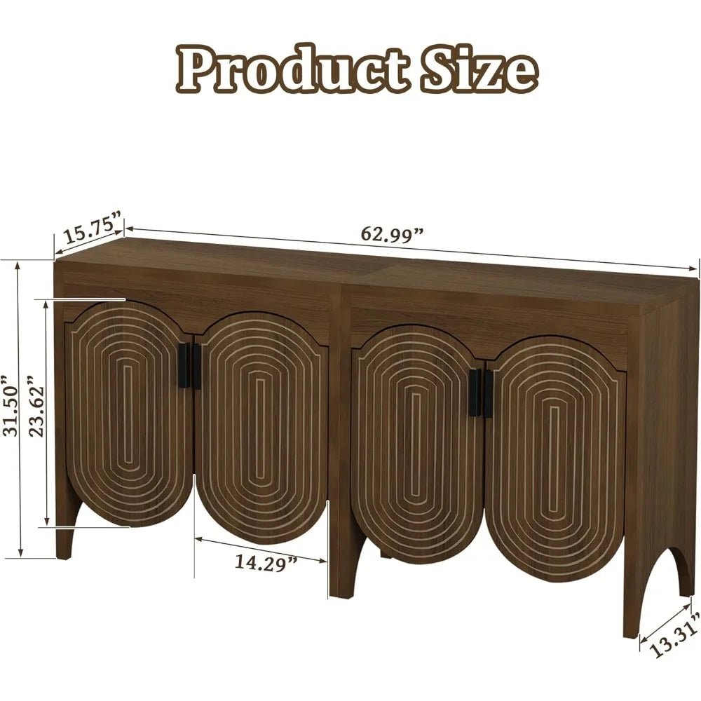 Fluted Sideboard Cabinet with Storage,4 Doors Buffet Cabinet with Adjustable Shelves,Accent Storage Cabinet with Carved Arc Door - Blu Lotus Boutique