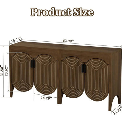 Fluted Sideboard Cabinet with Storage,4 Doors Buffet Cabinet with Adjustable Shelves,Accent Storage Cabinet with Carved Arc Door - Blu Lotus Boutique